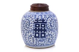 A BLUE AND WHITE DOUBLE HAPPINESS JAR AND COVER