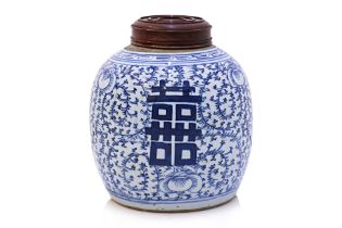 A BLUE AND WHITE DOUBLE HAPPINESS JAR AND COVER