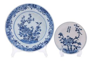 A BLUE AND WHITE PLATE AND A SMALL SAUCER DISH