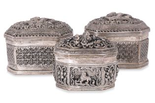 THREE BURMESE SILVER LIME BOXES