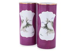 A PAIR OF PURPLE GROUND QIANJIANG CYLINDRICAL VASES