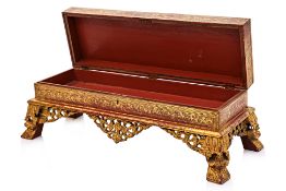 A BURMESE GILT AND LACQUERED MANUSCRIPT BOX WITH STAND