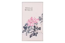 A SCROLL PAINTING OF A PINK PEONY FLOWER