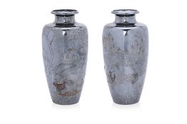 A PAIR OF JAPANESE SILVER AND MIXED METAL VASES