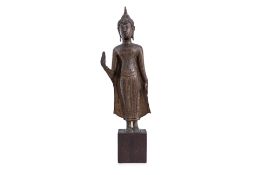 A STANDING THAI BRONZE STATUE OF BUDDHA