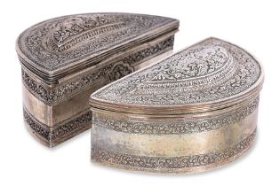 A PAIR OF BURMESE 'HALF MOON' SILVER LIME BOXES
