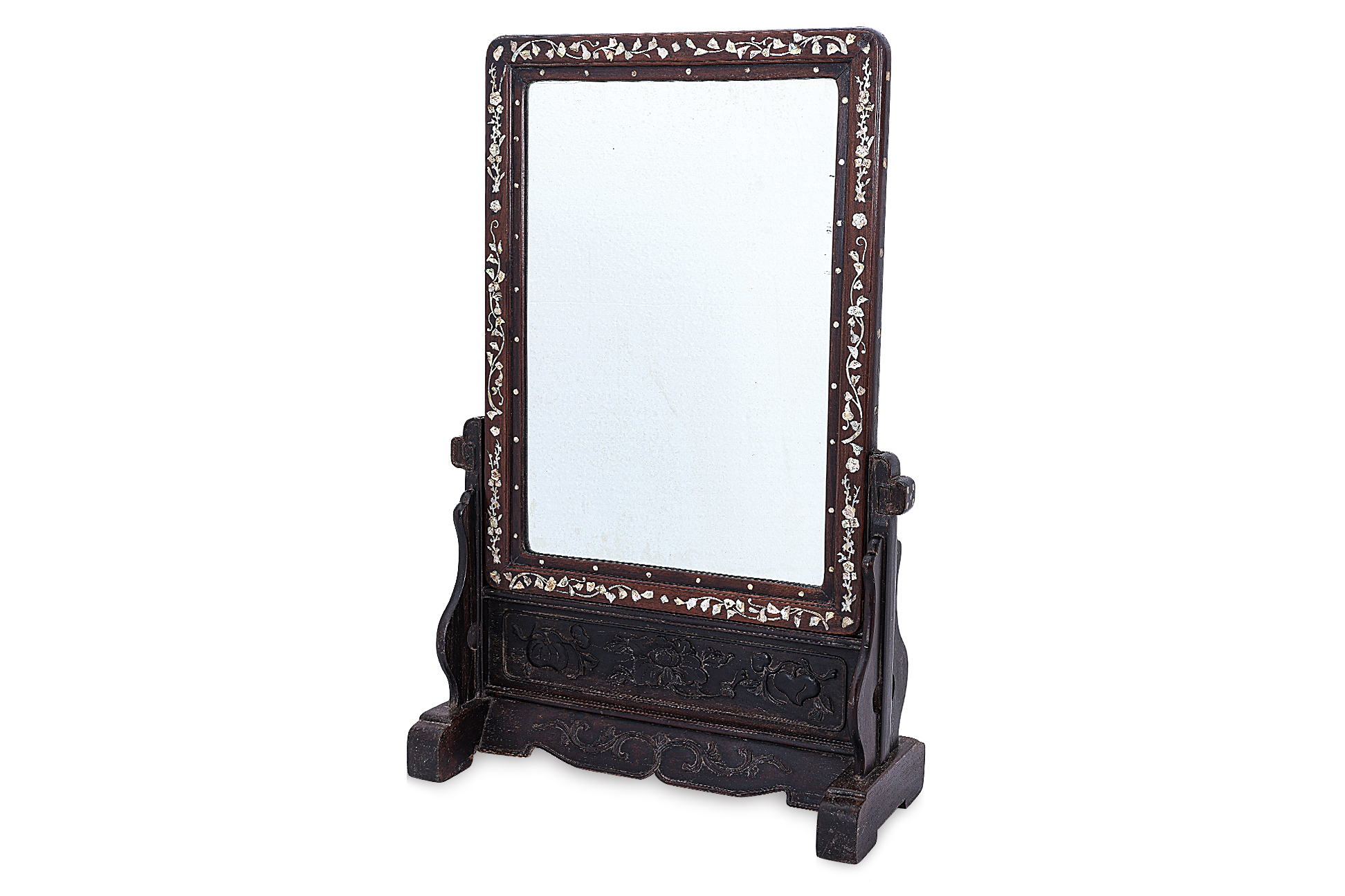 A BLACKWOOD AND MOTHER OF PEARL INLAID MIRROR ON STAND