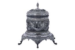 A LARGE BURMESE SILVER BETEL BOX ON STAND