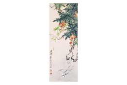 XI YIN - A SCROLL PAINTING OF FLOWERS OVER FISH POND