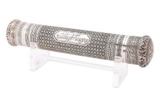 A BURMESE SILVER SCROLL OR DOCUMENT HOLDER