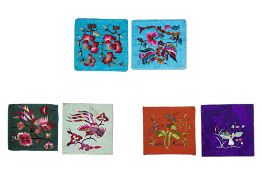 SIX SILK EMBROIDERED PILLOW ENDS