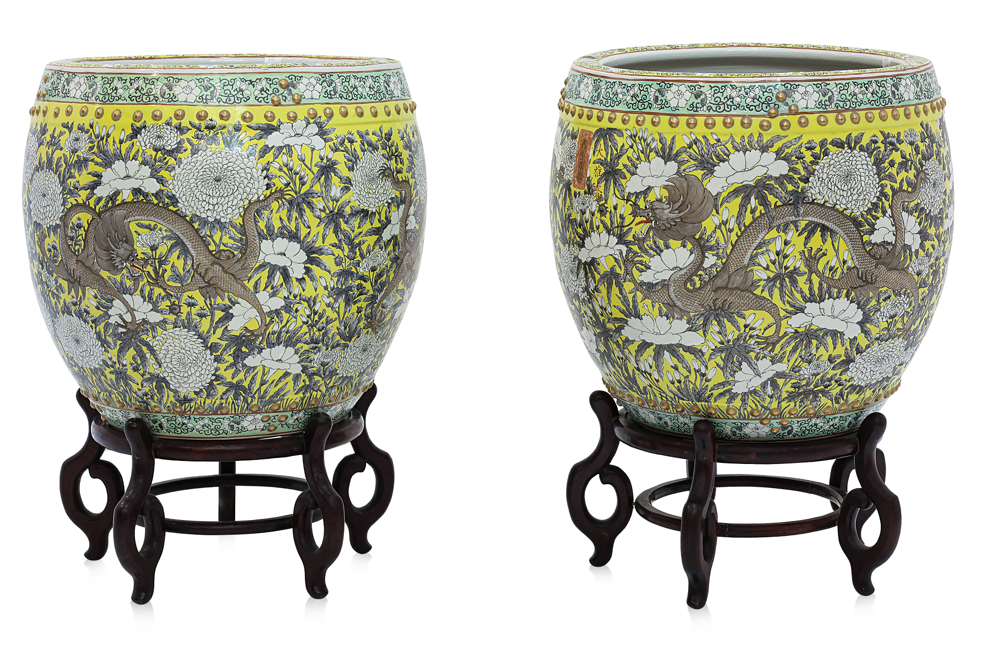 A PAIR OF LARGE GRISAILLE DECORATED YELLOW GROUND FISH BOWLS