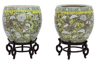 A PAIR OF LARGE GRISAILLE DECORATED YELLOW GROUND FISH BOWLS
