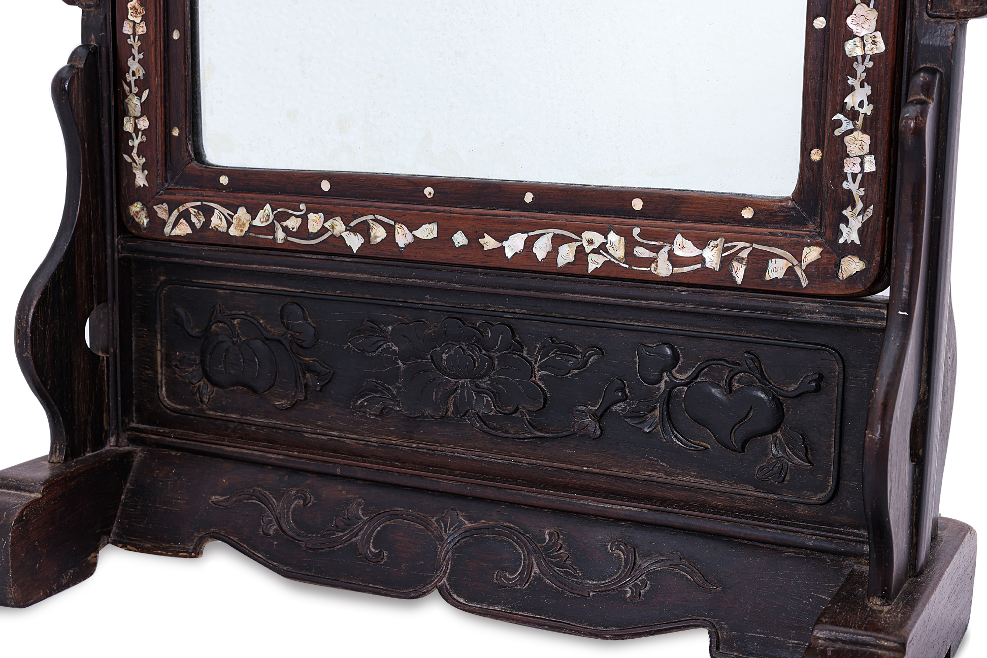 A BLACKWOOD AND MOTHER OF PEARL INLAID MIRROR ON STAND - Image 2 of 3
