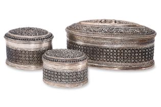 THREE BURMESE PIERCED SILVER BETEL BOXES