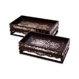 TWO ROSEWOOD AND MOTHER OF PEARL SHELL RECTANGULAR TRAYS