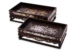 TWO ROSEWOOD AND MOTHER OF PEARL SHELL RECTANGULAR TRAYS