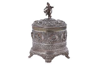 A BURMESE SILVER BETEL BOX ON STAND
