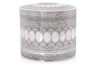 A LARGE BURMESE SILVER BETEL BOX AND COVER