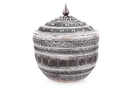 A LARGE BURMESE SILVER BOWL AND COVER