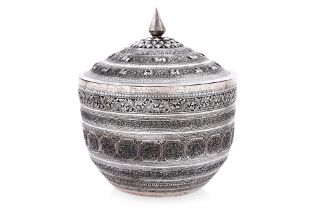 A LARGE BURMESE SILVER BOWL AND COVER