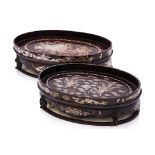 TWO ROSEWOOD AND MOTHER OF PEARL SHELL OVAL TRAYS