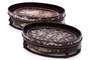 TWO ROSEWOOD AND MOTHER OF PEARL SHELL OVAL TRAYS