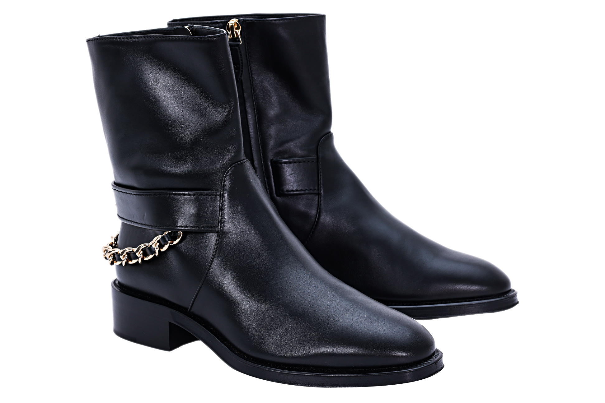 A PAIR OF CHANEL LEATHER ANKLE MOTO BOOTS