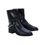 A PAIR OF CHANEL LEATHER ANKLE MOTO BOOTS