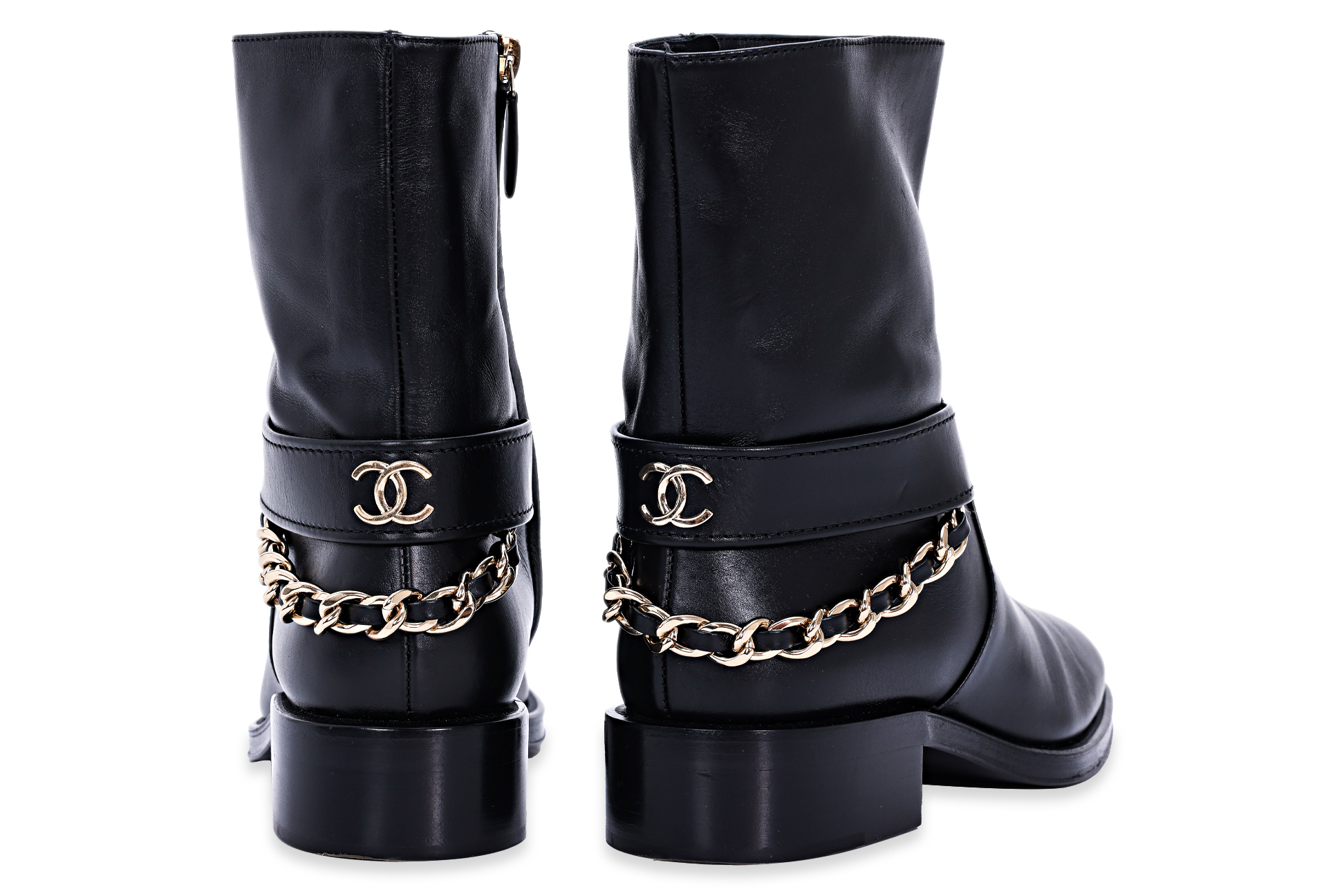 A PAIR OF CHANEL LEATHER ANKLE MOTO BOOTS - Image 3 of 12