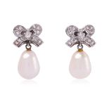 A PAIR OF CULTURED PEARL AND DIAMOND 'RIBBON' DROP EARRINGS