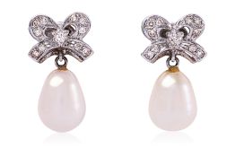 A PAIR OF CULTURED PEARL AND DIAMOND 'RIBBON' DROP EARRINGS