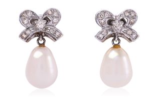 A PAIR OF CULTURED PEARL AND DIAMOND 'RIBBON' DROP EARRINGS