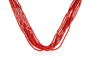 A LONG MULTI STRAND CORAL NECKLACE