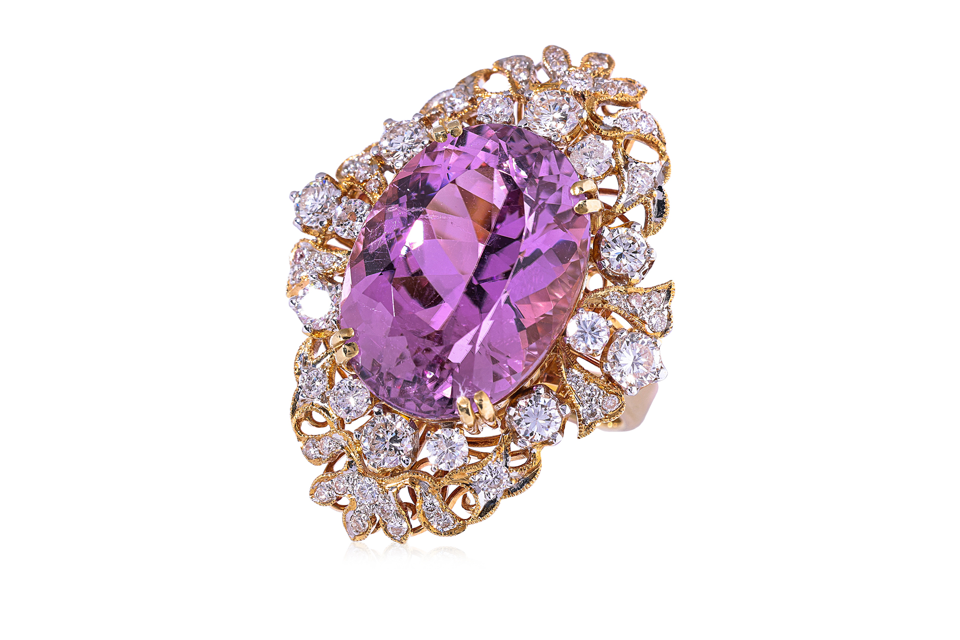 A LARGE KUNZITE AND DIAMOND RING