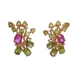 A PAIR OF RUBY, PERIDOT AND DIAMOND CLIP EARRINGS