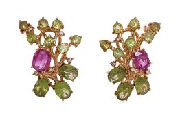 A PAIR OF RUBY, PERIDOT AND DIAMOND CLIP EARRINGS