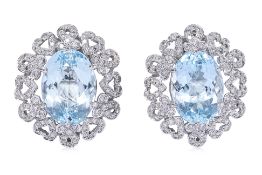 A PAIR OF AQUAMARINE AND DIAMOND STUD EARRINGS