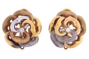 A PAIR OF DIAMOND AND TRI-COLOUR GOLD 'FLOWER' EARRINGS