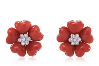 A PAIR OF CORAL AND DIAMOND 'CLOVER' EARRINGS