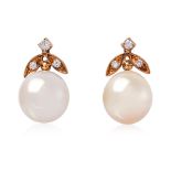 A PAIR OF CULTURED SOUTH SEA PEARL AND DIAMOND STUD EARRINGS