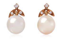 A PAIR OF CULTURED SOUTH SEA PEARL AND DIAMOND STUD EARRINGS