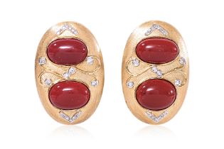 A LARGE PAIR OF RED CORAL AND DIAMOND EARRINGS