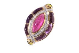 A LARGE TOURMALINE, AMETHYST, PRASIOLITE AND DIAMOND RING