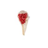 A VERY LARGE CORAL 'FLOWER' AND DIAMOND BROOCH