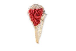 A VERY LARGE CORAL 'FLOWER' AND DIAMOND BROOCH