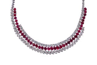 A MAINLY UNHEATED BURMESE RUBY AND DIAMOND NECKLACE