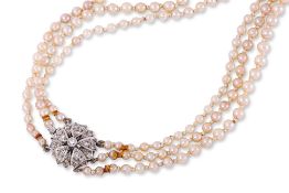 A THREE STRAND AKOYA CULTURED PEARL NECKLACE