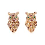 A PAIR OF RUBY, EMERALD AND DIAMOND 'PANTHER' EARRINGS