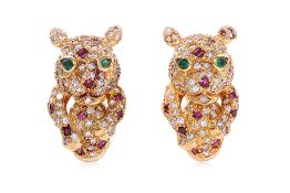 A PAIR OF RUBY, EMERALD AND DIAMOND 'PANTHER' EARRINGS
